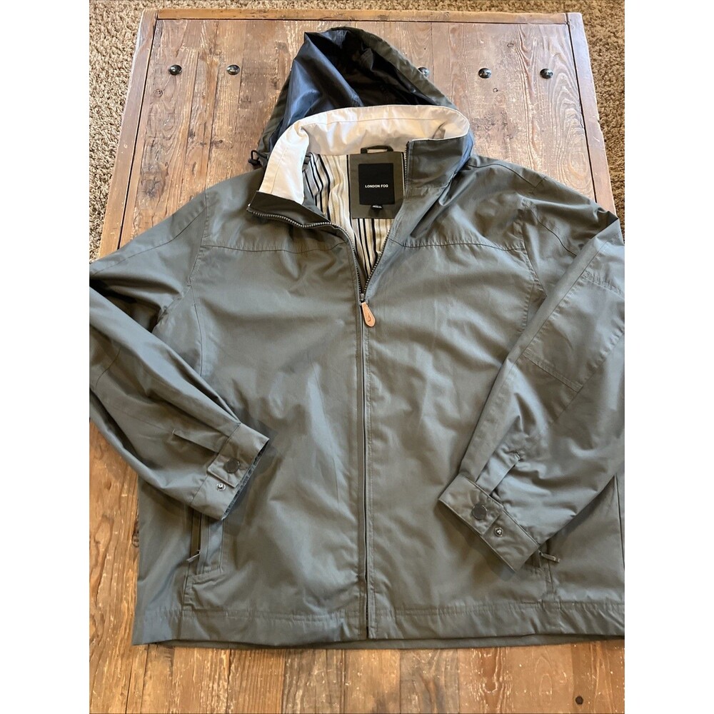 London Fog Mens Sz XL Olive Green Hood Golf Wind Full Zip Jacket Mesh Lined EUC